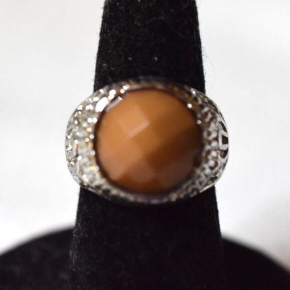 Bewitching Beveled Brown Moonstone Etched Silver Tone Metal  Size 6 Gothic Ring - Picture 1 of 4